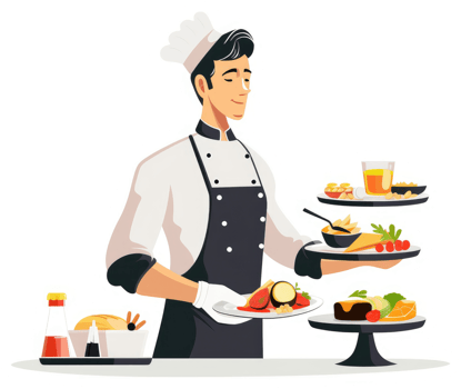 A chef serving a variety of delicious and healthy dishes. png