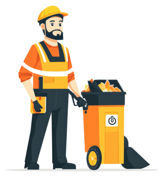 A sanitation worker pushing a full waste cart. png