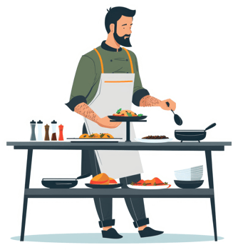A chef in a professional kitchen, preparing food on a buffet table. png