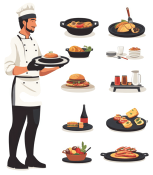 A chef presenting a variety of delicious food items on platters. png