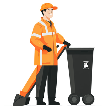 A sanitation worker pushes a wheeled trash bin. png