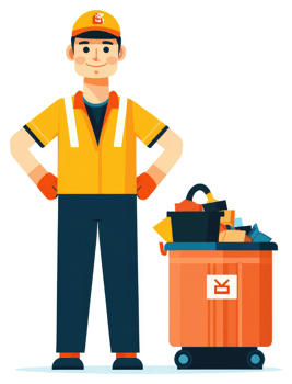 A cheerful worker collects trash in a full dumpster. png
