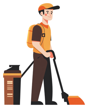 A smiling worker pushing a cleaning machine. png