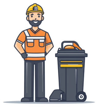 A smiling sanitation worker stands proudly beside a large industrial waste bin. png