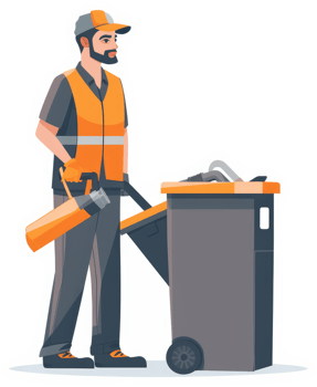 A sanitation worker pushing a large wheeled garbage bin. png