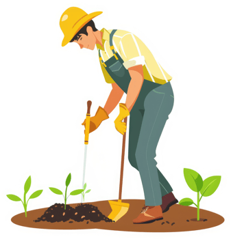 A gardener plants seedlings in a patch of fertile soil. png