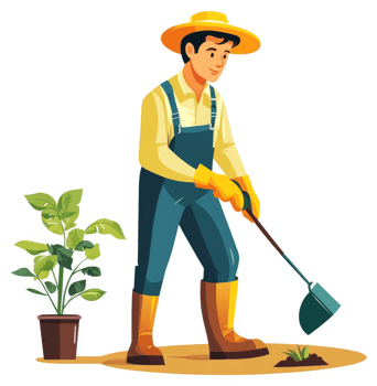 A farmer works the land with a hoe, tending to a young plant. png