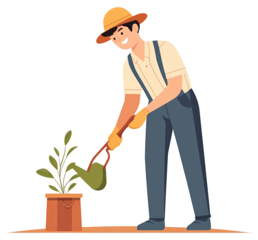 A cheerful gardener watering a young plant in a pot. png