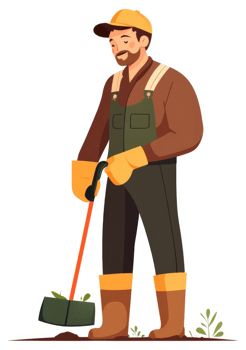A bearded gardener plants a seedling in the ground. png