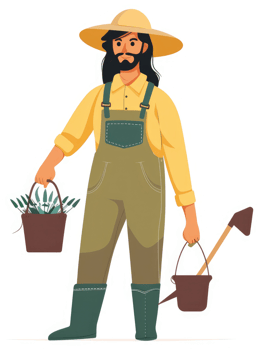 A farmer carrying plants and tools in a garden. png