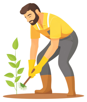 A gardener tending to a young plant with a cultivator tool. png
