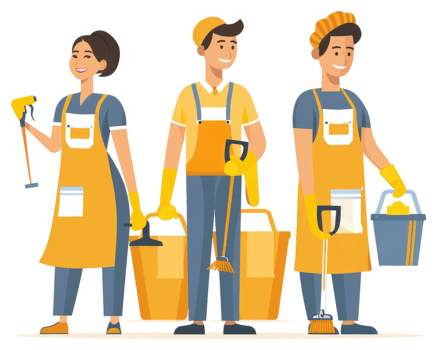 Three professional janitors or cleaners equipped with cleaning supplies. png