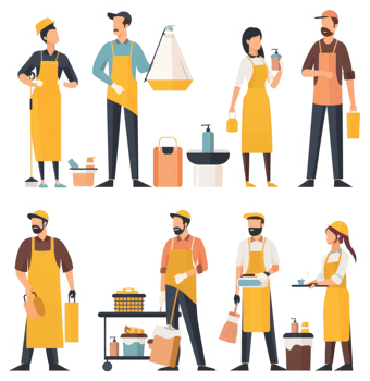 Diverse group of workers in yellow aprons, preparing and cleaning. png