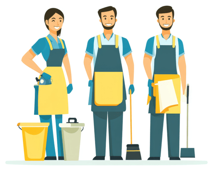 Three professional cleaners ready for a house cleaning task. png