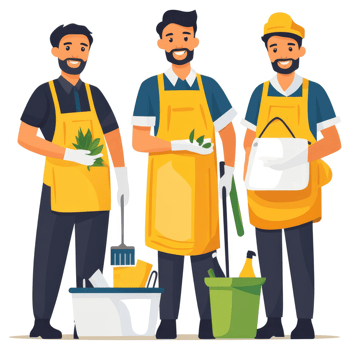 Three cheerful janitors in bright yellow aprons, ready to clean. png