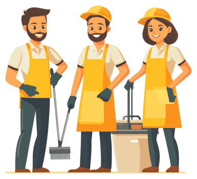 Three cleaning staff members in yellow aprons, ready for work. png