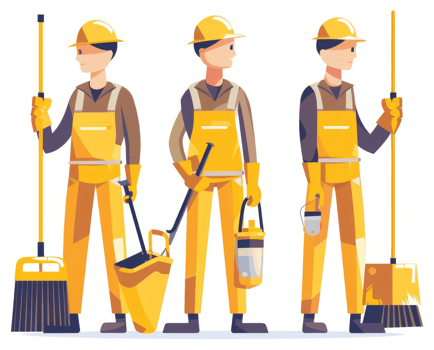 Three sanitation workers in bright yellow uniform holding cleaning tools. png