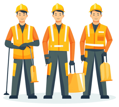 Three workers in bright yellow protective gear, holding equipment. png