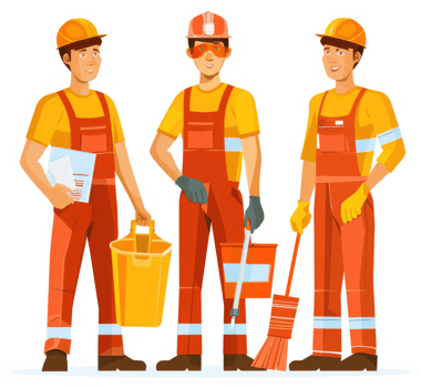 Three workers in safety gear with cleaning supplies. png