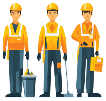 Three workers in vibrant orange uniform, equipped for various tasks. png