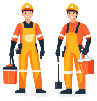 Two workers in protective orange coveralls carrying cleaning supplies. png