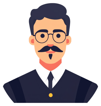 A stylized illustration of a man wearing glasses and a mustache. png