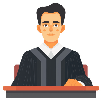 A judge in a formal robe sits at a wooden desk. png