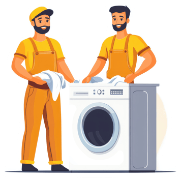 Two handymen loading clothes into a washing machine. png