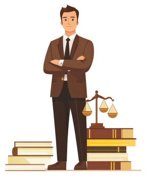A confident lawyer stands confidently amidst legal texts and scales of justice. png