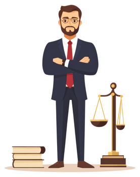 A confident lawyer stands poised, arms crossed, before a balance scale. png
