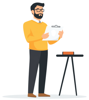 A man in a mustard yellow sweater holding a clipboard with documents. png