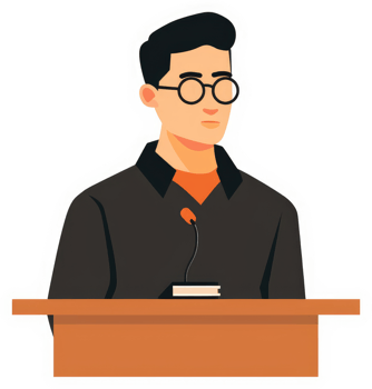 A man speaking at a podium, wearing glasses and a dark shirt. png