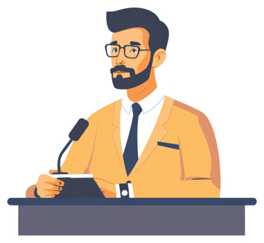 A man in a light beige suit speaking at a podium. png