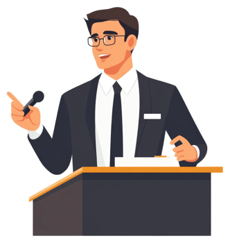 A businessman giving a presentation at a podium. png