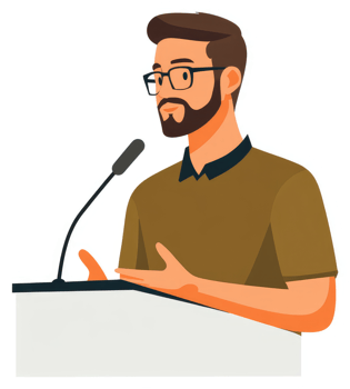 A man speaking at a podium with a microphone. png