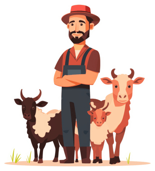 A farmer stands proudly with his animals, ready for a day of work. png