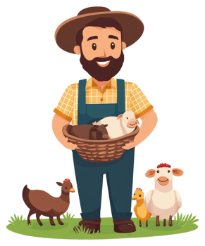 A farmer with a basket of farm animals. png
