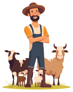 A farmer with his livestock, showcasing a happy and healthy farm scene. png