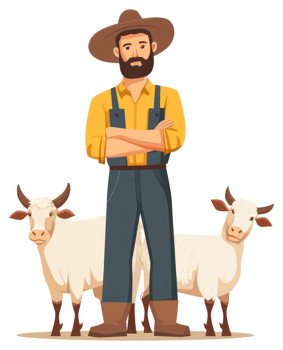 A farmer stands proudly with two white cattle. png
