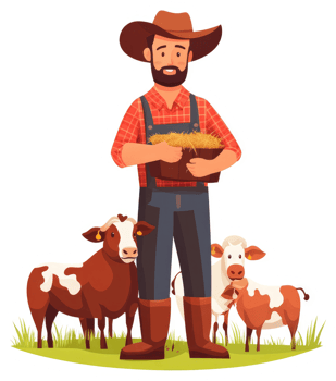 A farmer with hay and cows in a rural setting. png