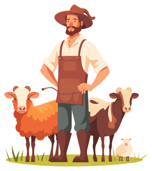 A farmer stands proudly with his sheep and cow. png