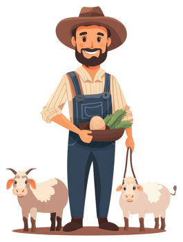 A farmer with vegetables and goats in a heartwarming rural scene. png