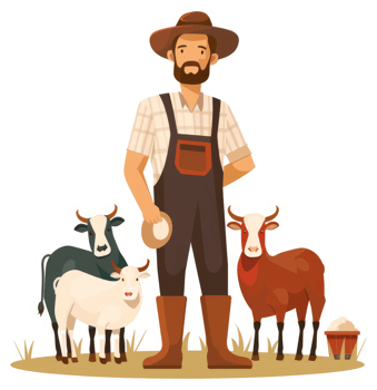 A farmer stands with his livestock in a pastoral scene. png