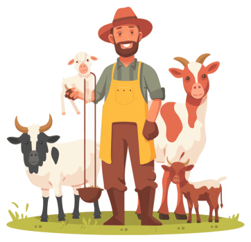 A farmer and his livestock on a grassy field. png