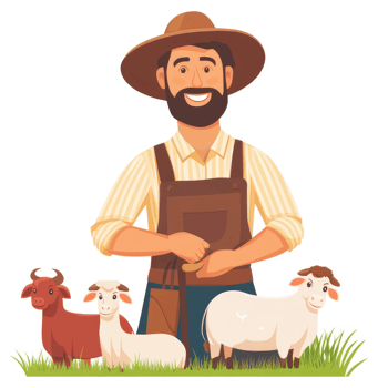 A smiling farmer stands with his animals in a grassy field. png