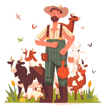A farmer surrounded by happy cows and goats in a lush green pasture. png