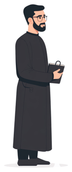 A man in a dark coat holding a book, side view. png