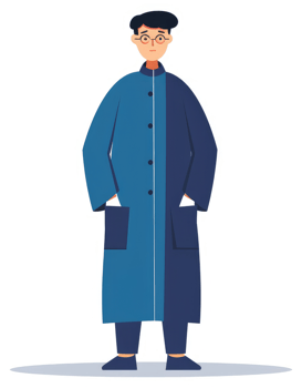 A man in a two-toned blue coat, standing confidently. png