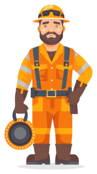 A construction worker in protective orange uniform with safety equipment. png