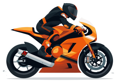 A skilled rider astride a vibrant orange motorcycle. png
